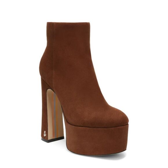 NWT SAM EDELMAN Womens Brown Eli Round Toe Block Heel Leather Booties 7.5 M - Picture 1 of 4